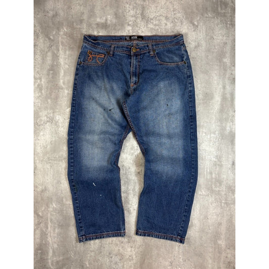 Vintage Y2K Ask Embroidered Pockets Dark Wash Denim Pants Size 38 Blue