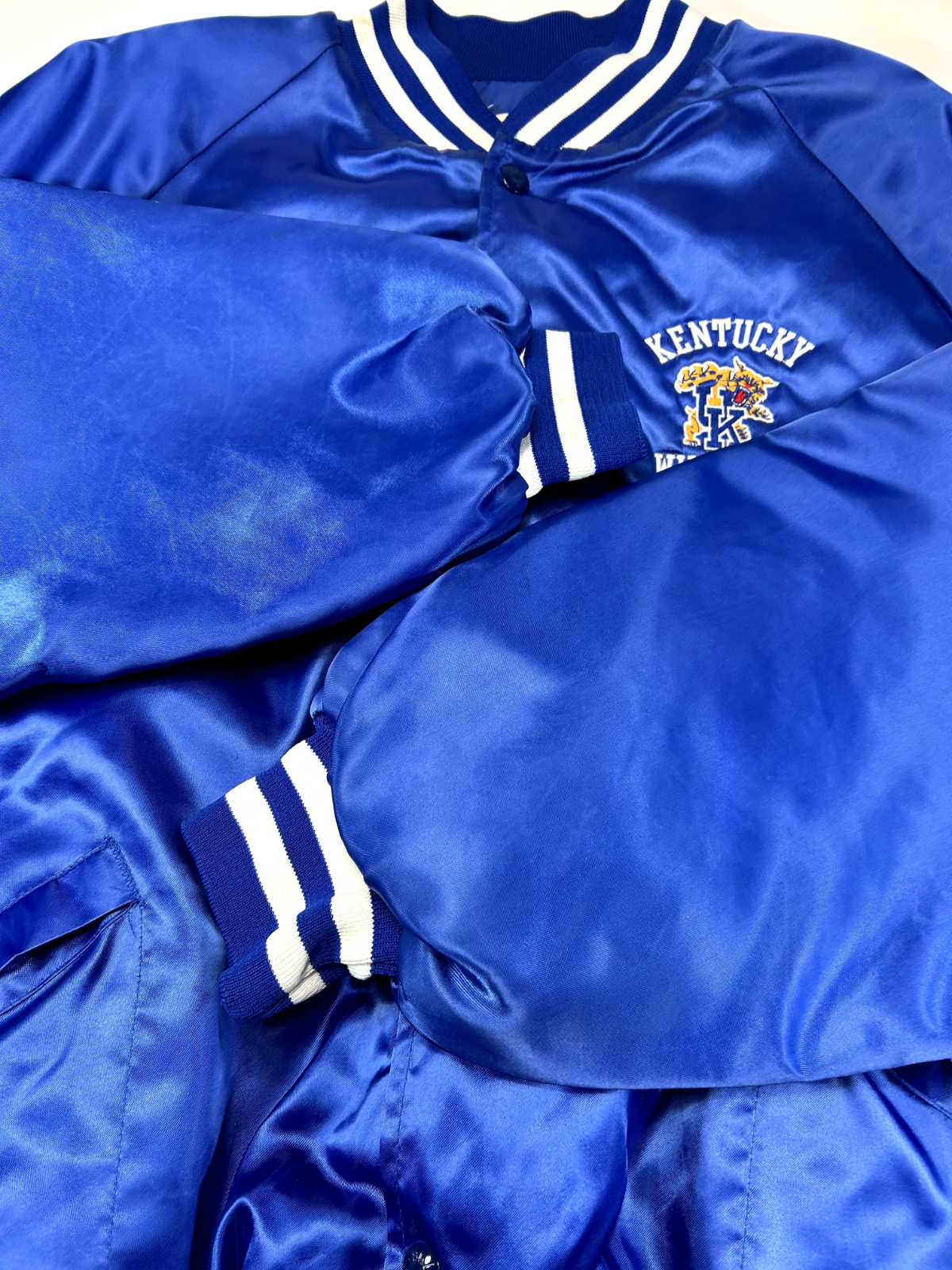 Vintage 80s Kentucky Wildcats NCAA Satin Varsity Bomber Jacket Size 2XL Blue