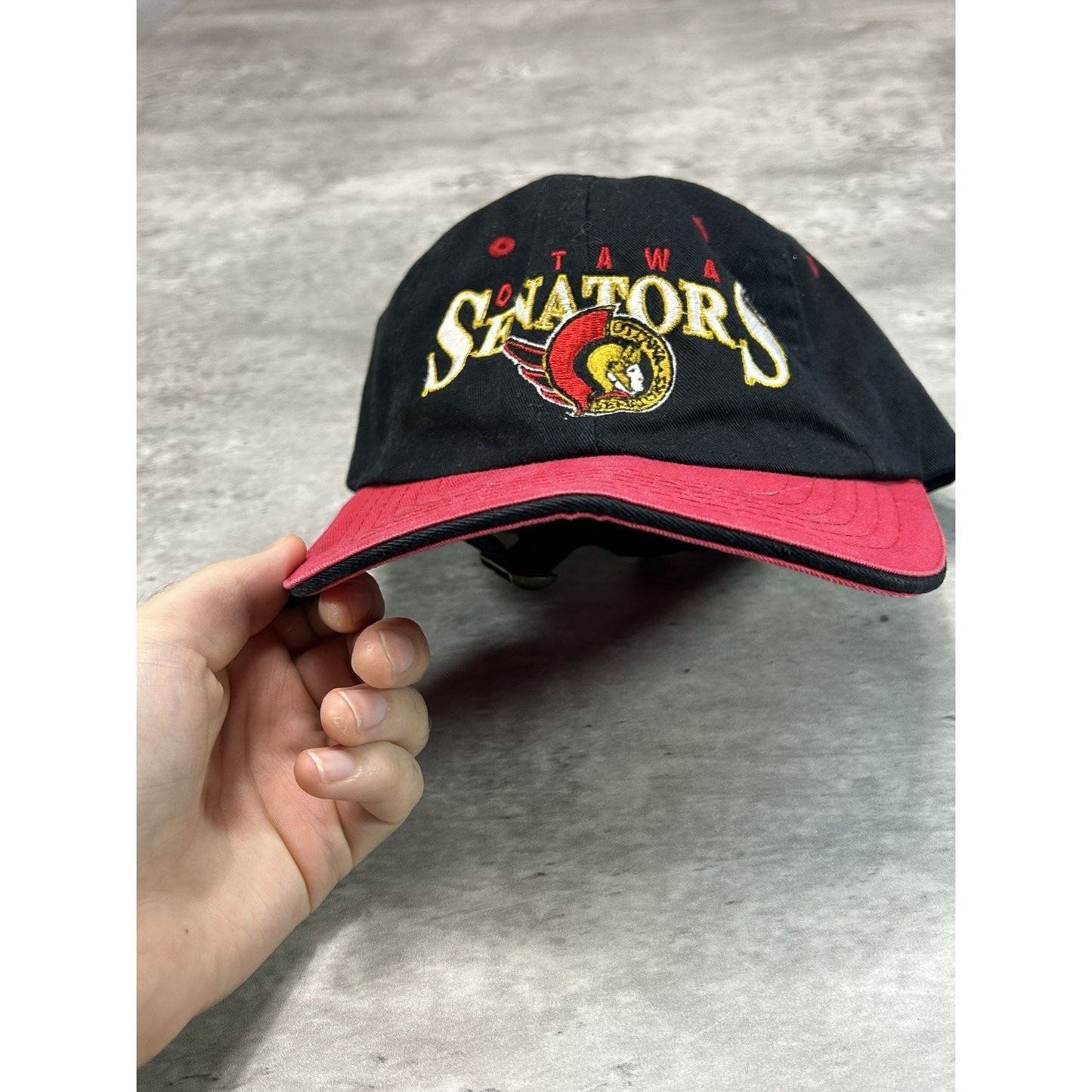 Vintage 90s Ottawa Senators NHL Embroidered Logo Spellout Strapback Hat OSFA