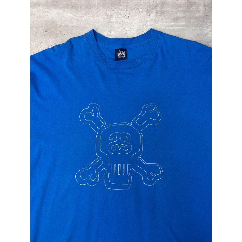 Vintage Stussy Skull Stitch Graphic Blue T-Shirt Size XL