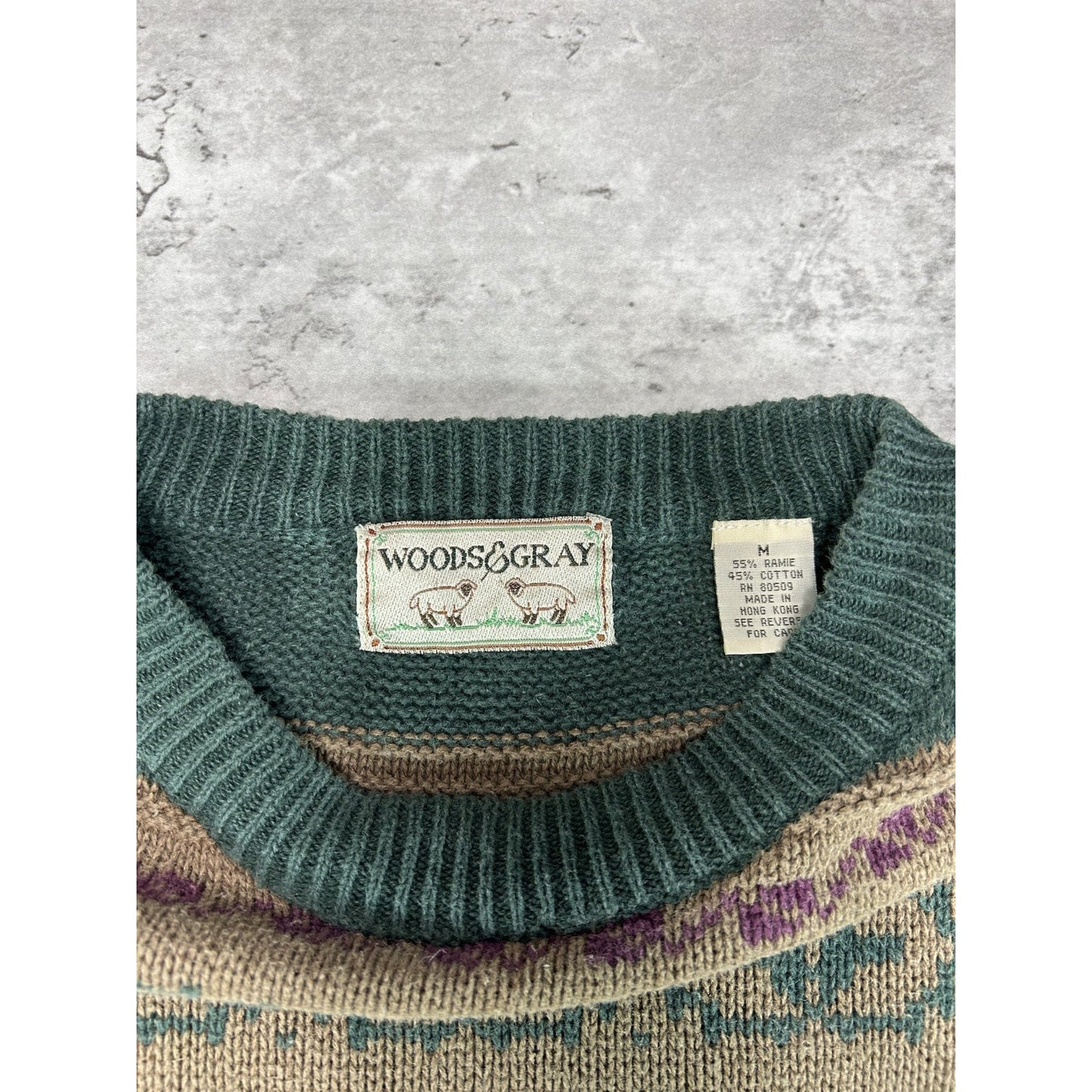Vintage 90s Woods & Gray Abstract Striped Pullover Ribbed Knit Sweater Sz Medium