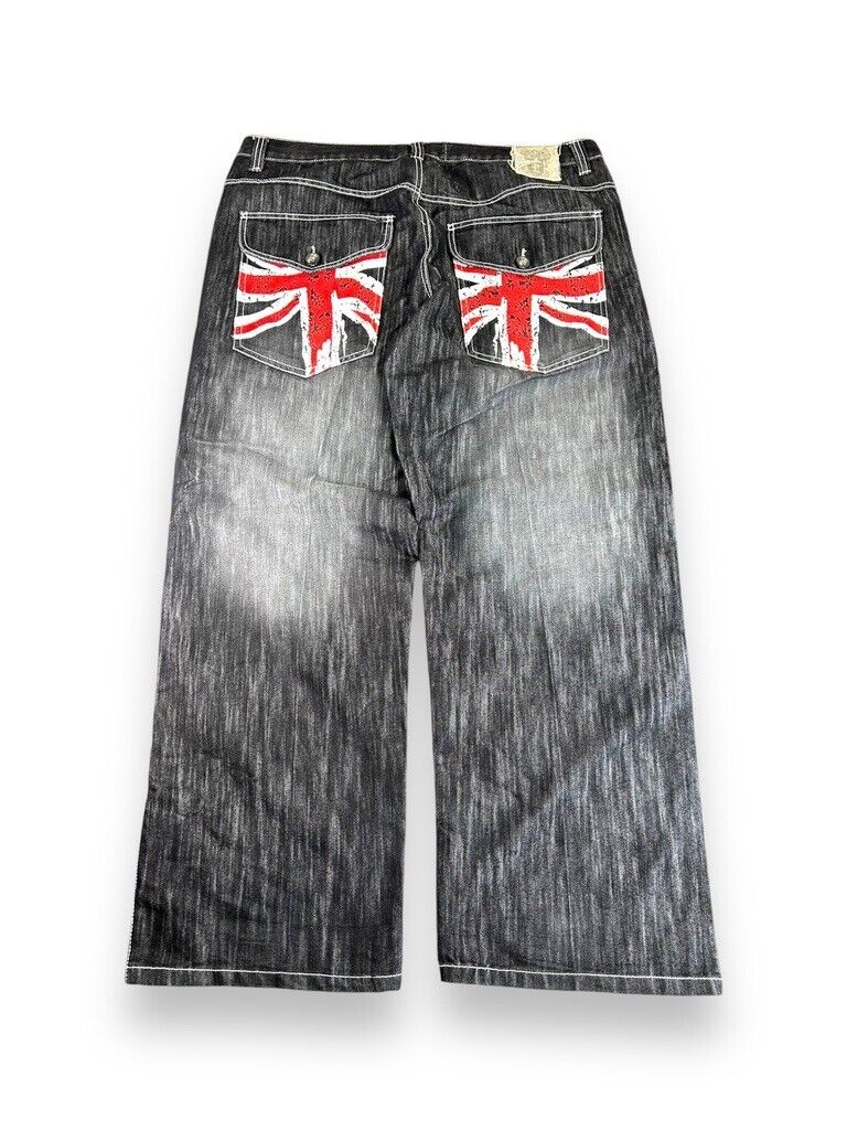 Vintage Y2K ESMX Baggy Fit Union Jack Graphic Black Wash Denim Pants Size 41