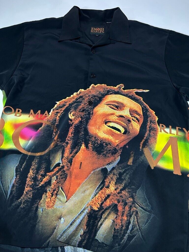 Bob Marley Big Wraparound Graphic Short Sleeve Button Up Shirt Size Large Black