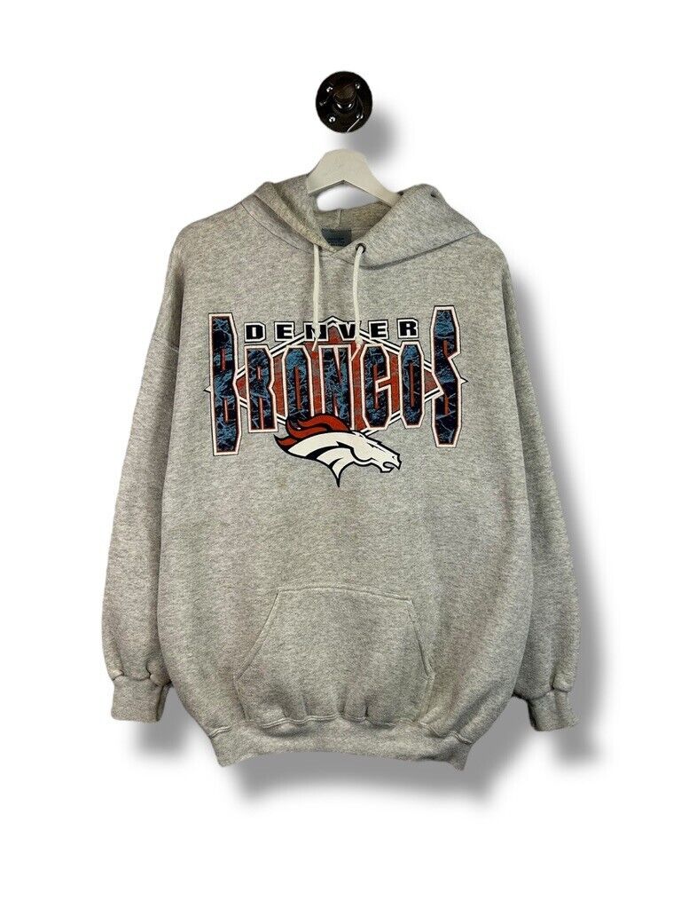 Vintage 90s Denver Broncos NFL Graphic Spellout Hooded Sweatshirt Size XL Gray