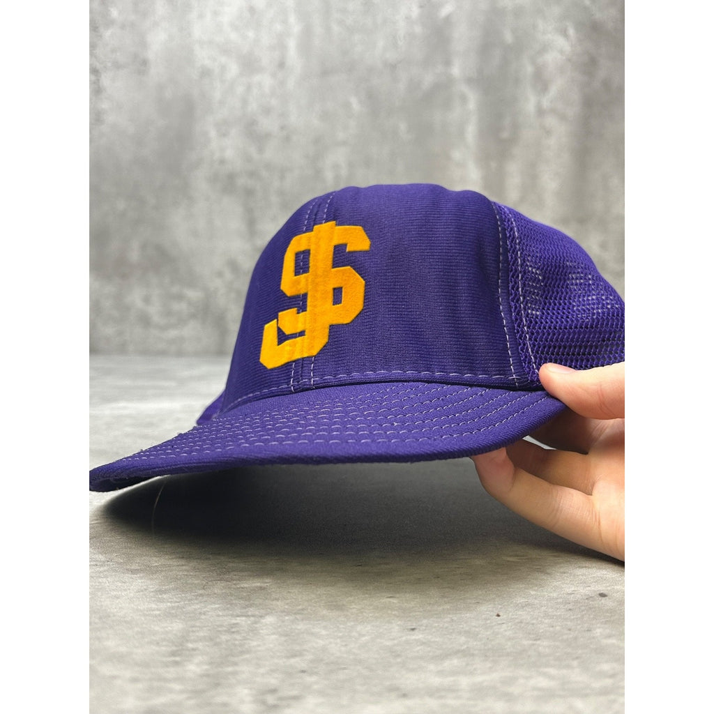 Vintage 80s SJ Graphic Two Tone Trucker Yellow/Purple Snapback Hat OSFA
