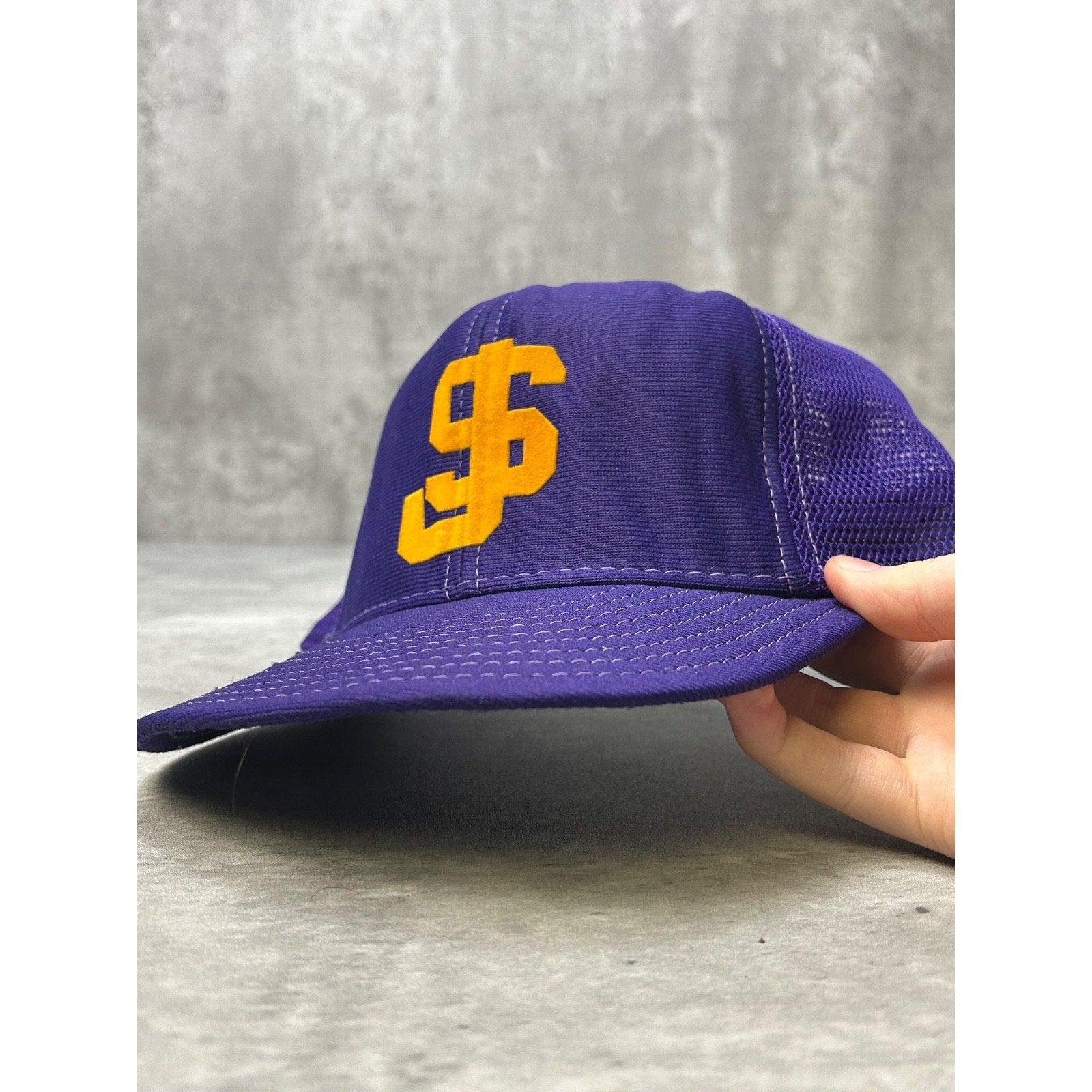 Vintage 80s SJ Graphic Two Tone Trucker Yellow/Purple Snapback Hat OSFA