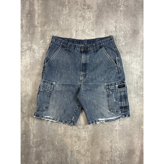 Vintage Distressed Wrangler Jeans Medium Wash Denim Cargo Shorts Size 34 Blue