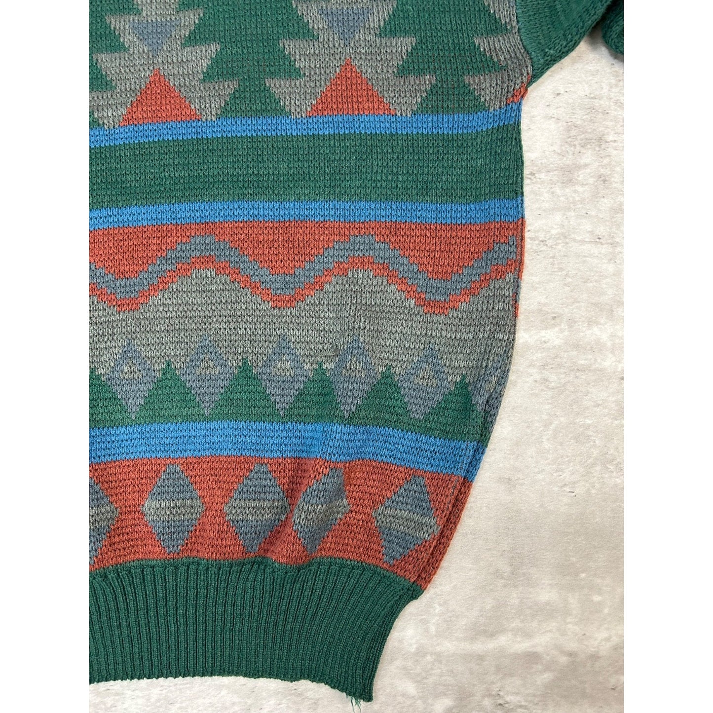 Vintage Campus Geometric Pattern Knit Sweater Size Large Green
