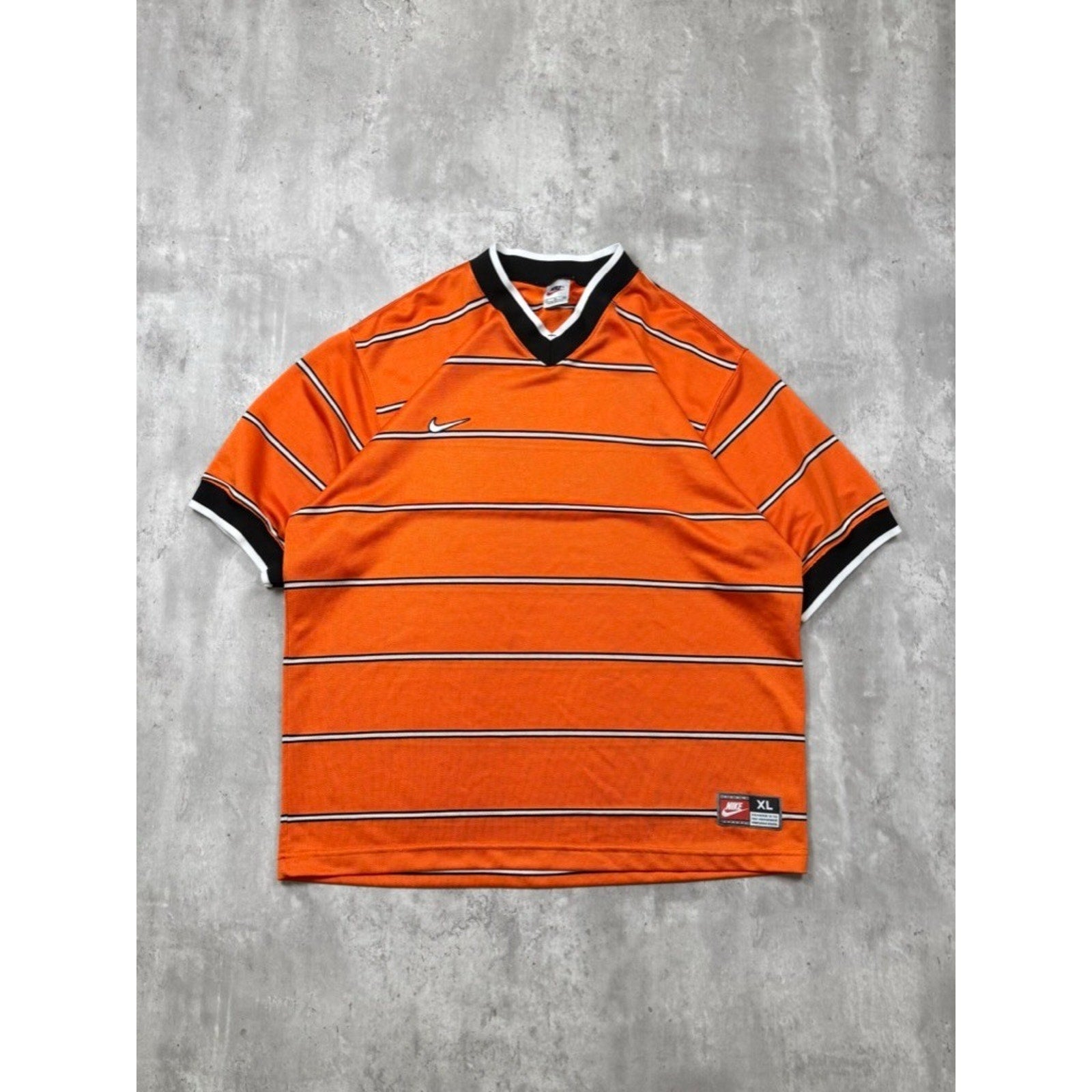 Vintage 90s Nike Embroidered Swoosh Striped Orange Soccer Jersey Size XL