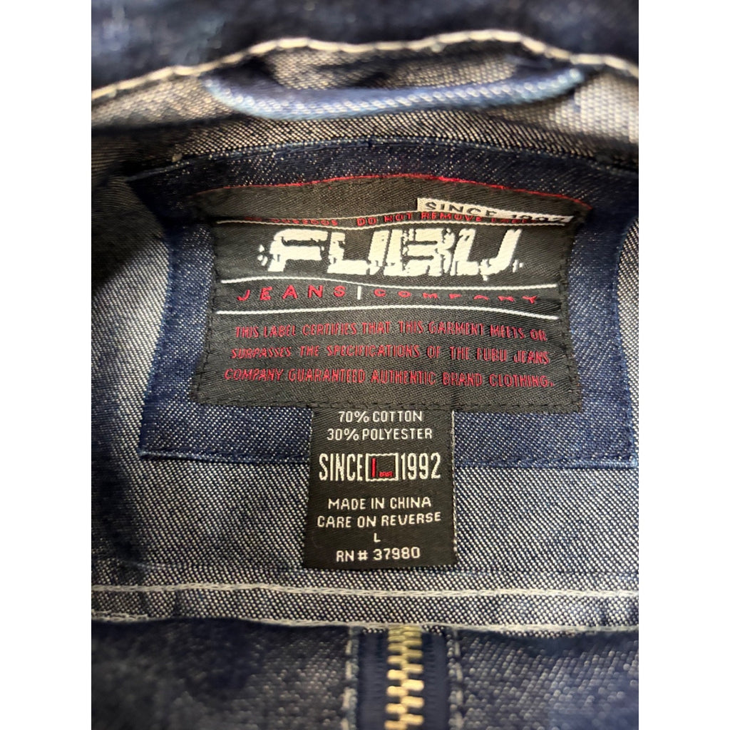 Vintage Y2K Fubu Dark Wash Denim Contrast Stitch Trucker Jacket Size Large