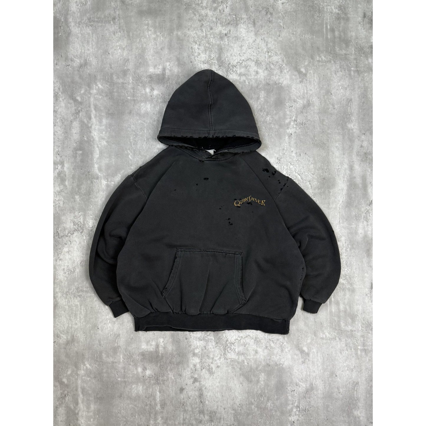 Vintage 90s Quiksilver Distressed Graphic Hooded Sweatshirt Size Small