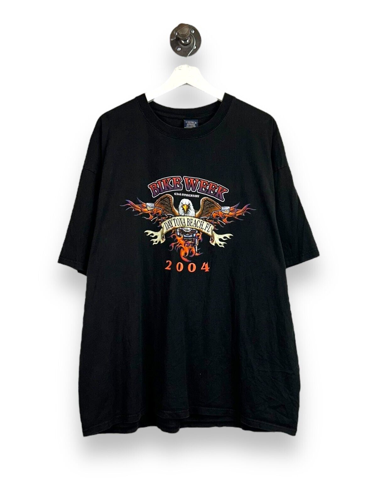 Vintage 2004 Daytona Bike Week Bald Eagle Flame Graphic T-Shirt Size 2XL Black