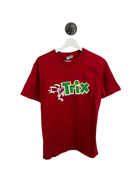 Vintage 90s Trix Cereal Promo Graphic Spellout Snack T-Shirt Size Medium Red