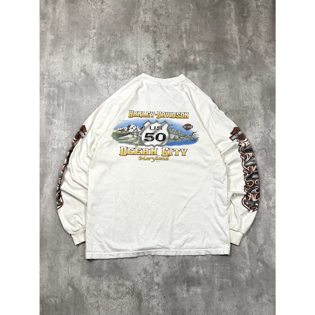 Vintage 2007 Harley Davidson Flame Graphic Spellout Long Sleeve T-Shirt Sz Large