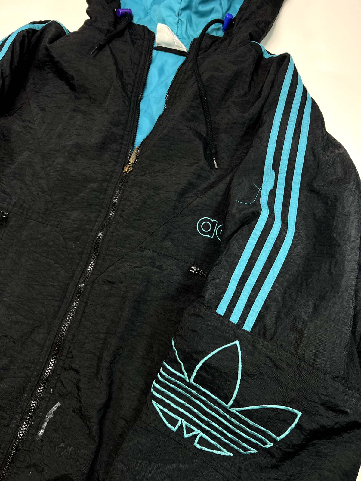 Vintage 80s Adidas 3 Stripe Insulated Puffer Hooded Bomber Jacket Size XL