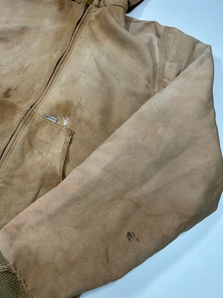 Vintage 80s Carhartt Thermal Canvas Lined Hooded Bomber Jacket Size Large Beige