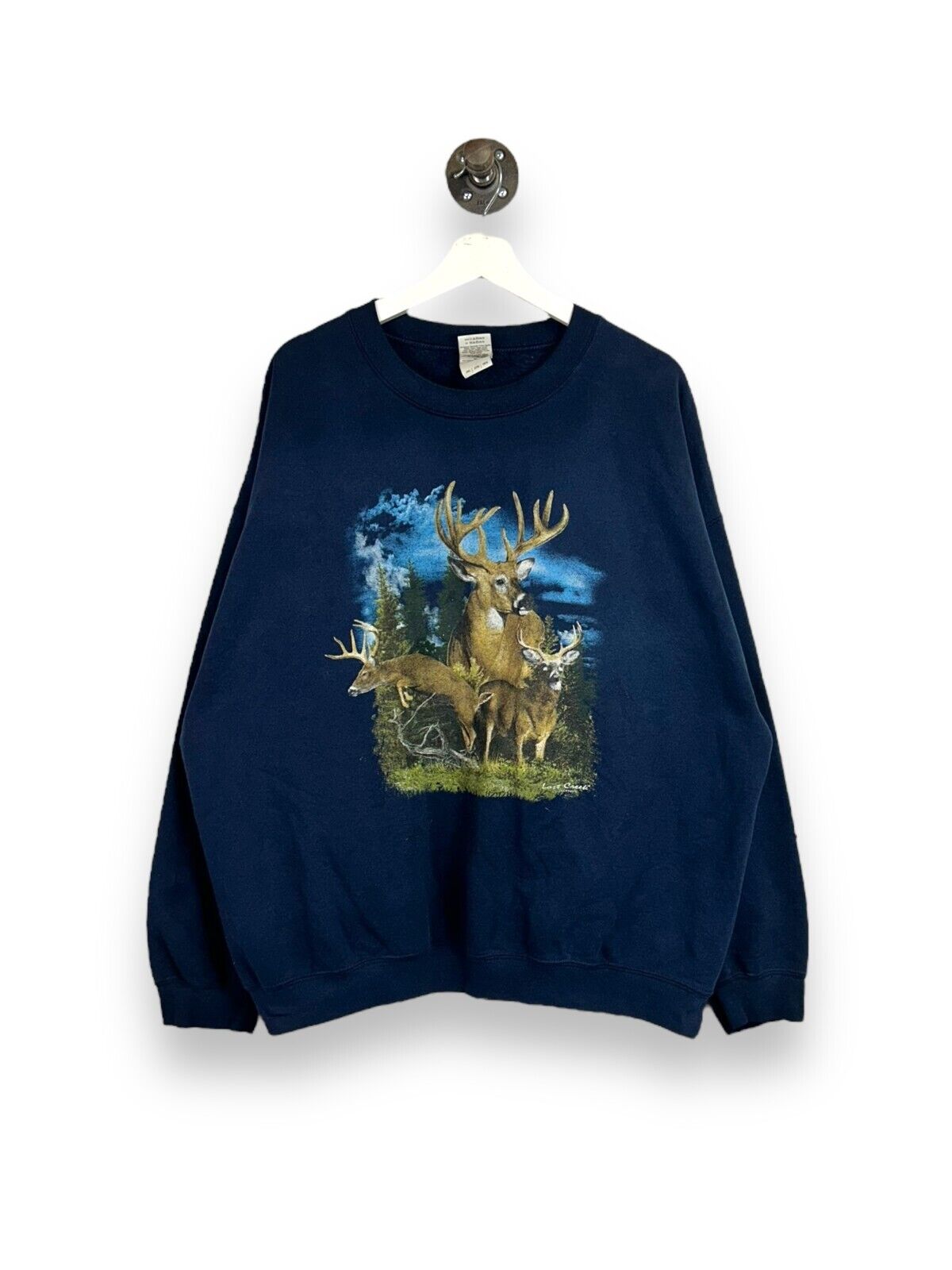 Vintage Lost Creek Deer Nature Graphic Crewneck Sweatshirt Size 2XL Navy Blue