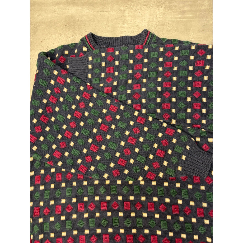 Vintage 90s Geometric Pattern Print Pullover Ribbed Knit Sweater Size Large