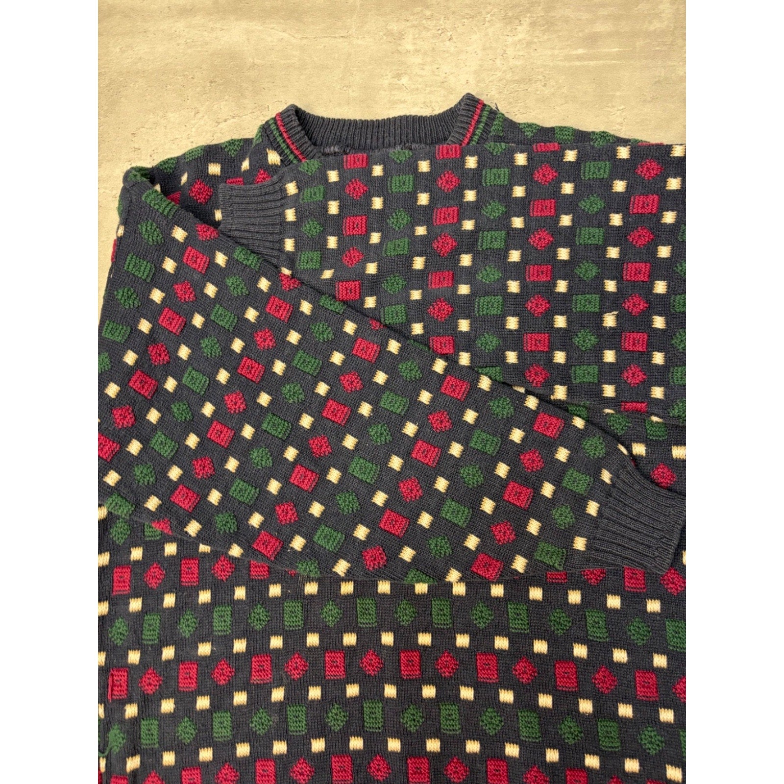 Vintage 90s Geometric Pattern Print Pullover Ribbed Knit Sweater Size Large