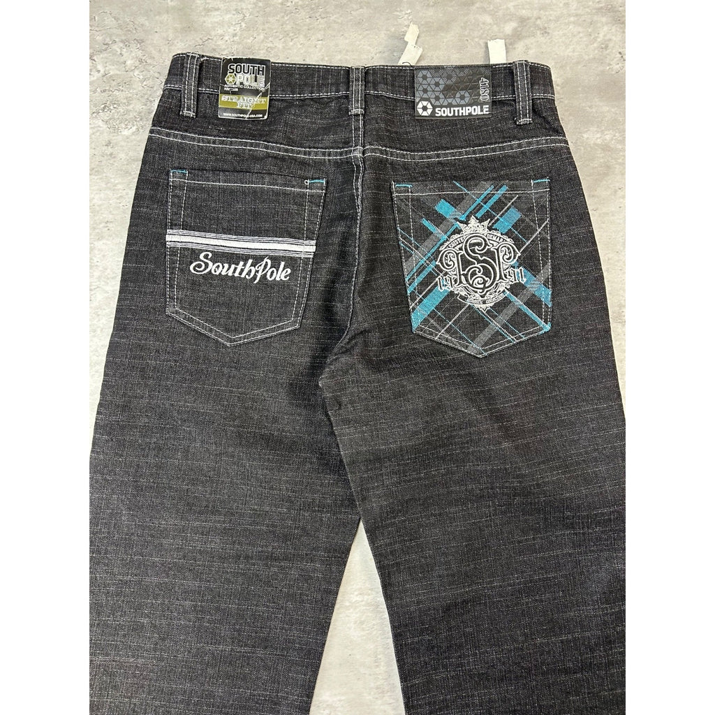 Vintage Y2K Southpole Embroidered Pockets Black Denim Pants Size 31