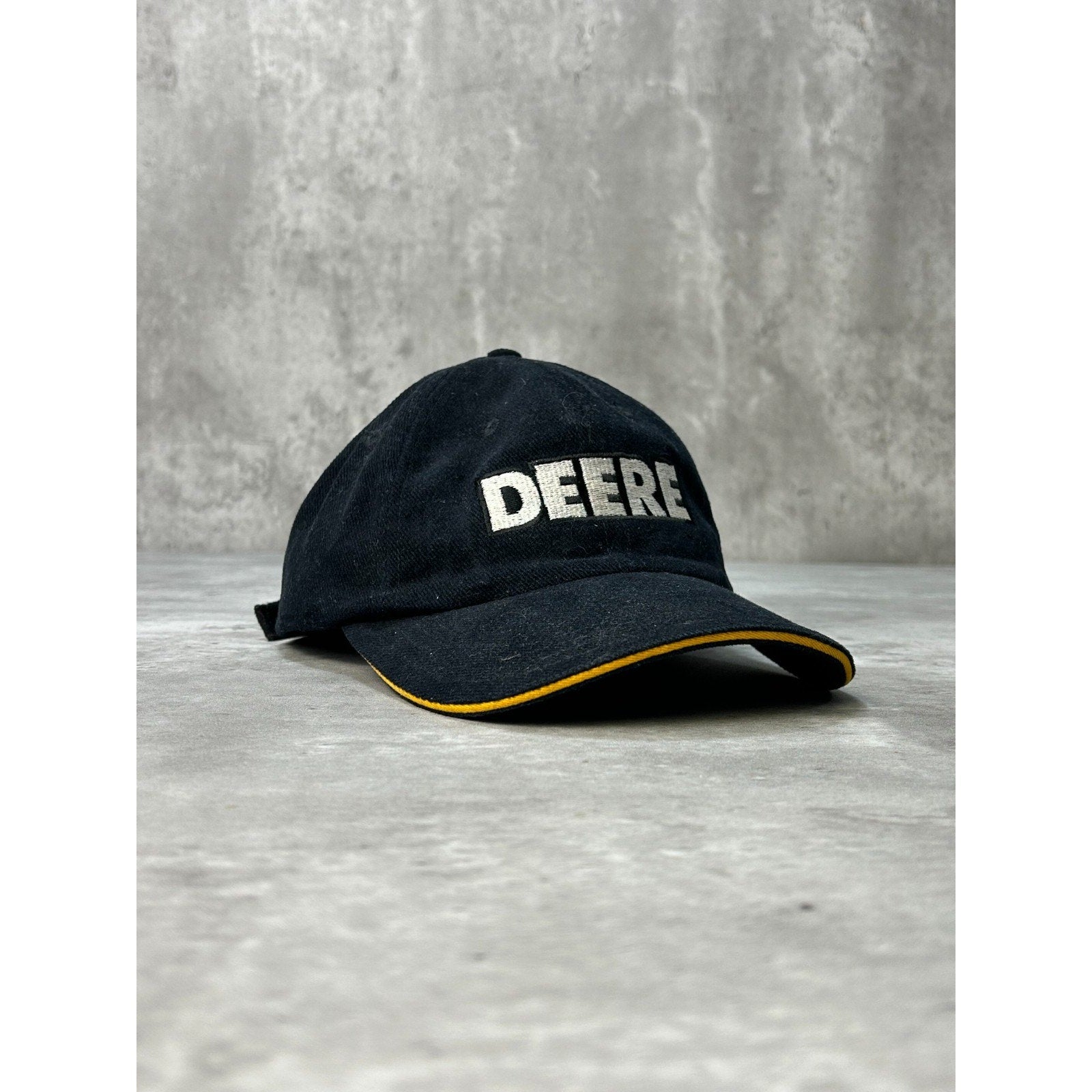Vintage John Deere Embroidered Spellout Black Strapback Hat OSFA