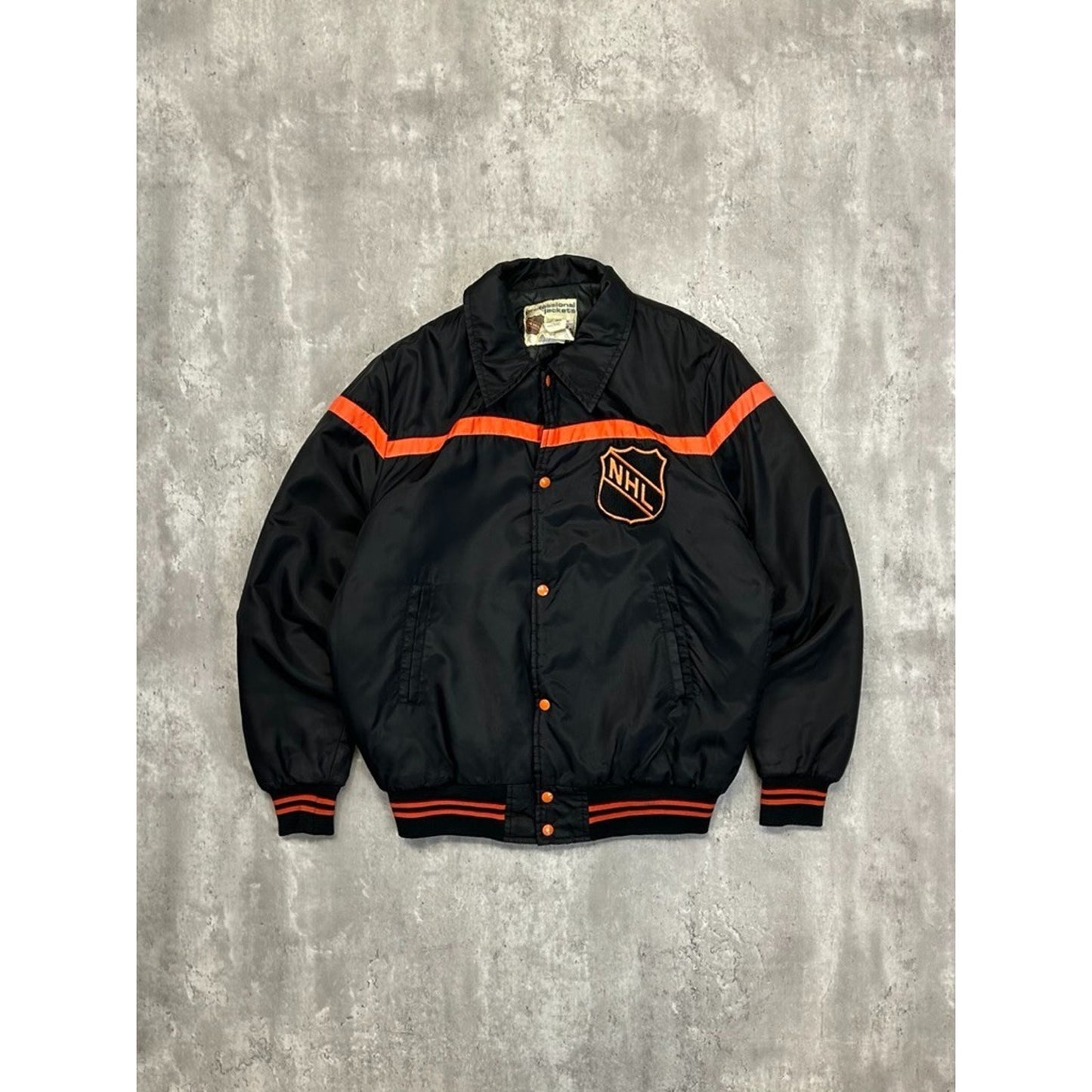 Vintage 80s NHL Embroidered Patch Hockey Bomber Jacket Size Large Black