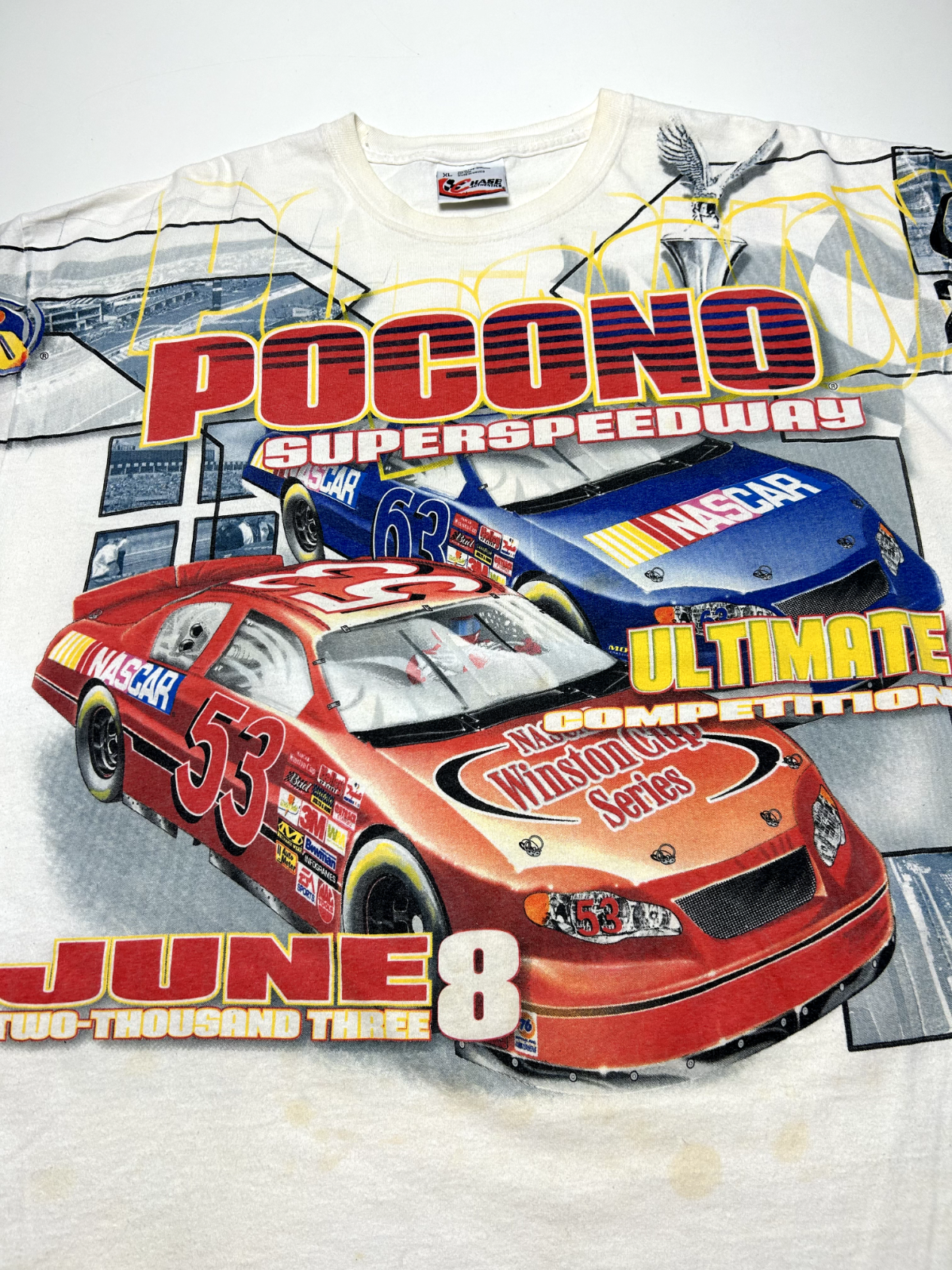 Vintage Nascar Pocono 500 Racing All Over Print Graphic T-Shirt Size XL White