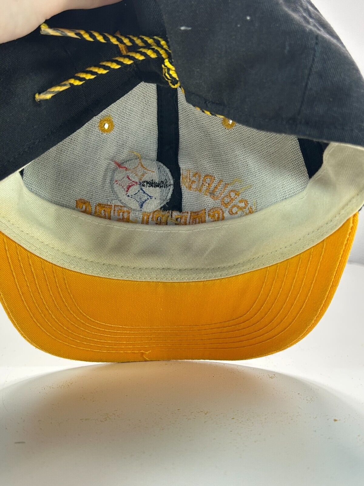 Vintage 90s Pittsburgh Steelers NFL Embroidered Spell Out Logo Fitted Hat OSFA