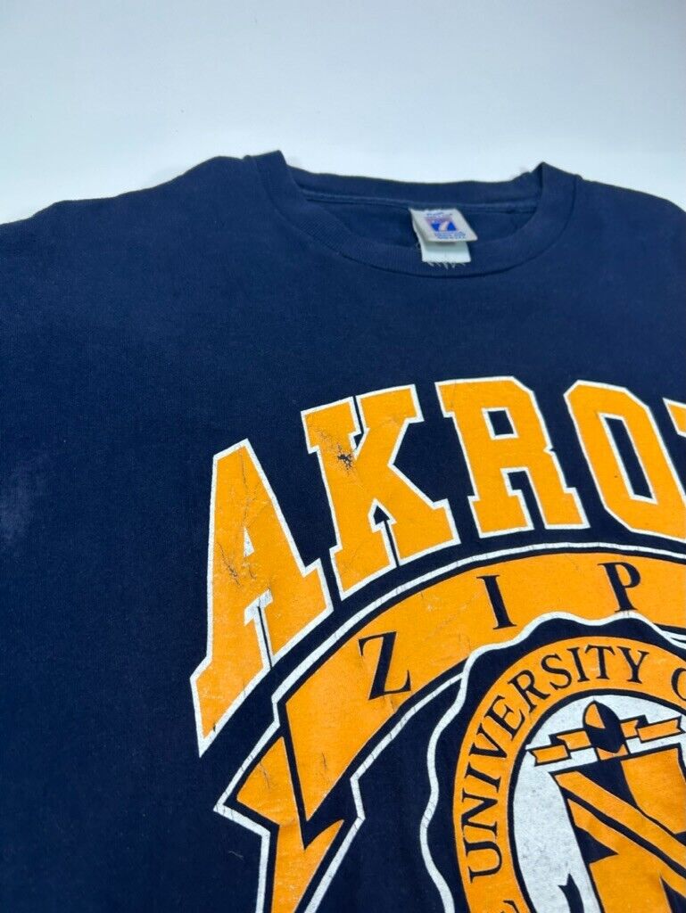 Vintage 90s Akron Zips NCAA Collegiate Crest Graphic T-Shirt Size Large Blue