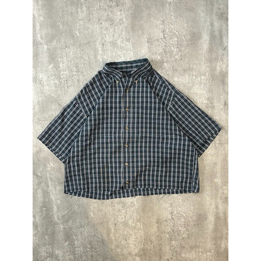 Vintage 90s Plaid Print Short Sleeve Reworked Cropped Button Up Shirt Size Large
