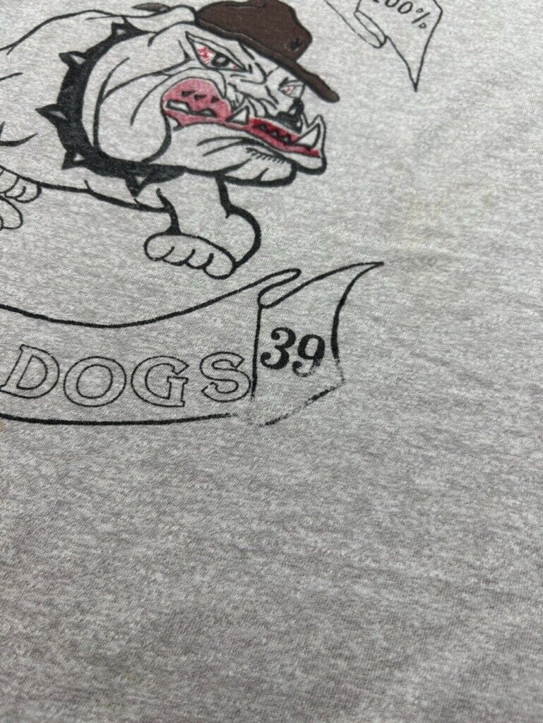 Vintage 70s/80s Bravo Bulldogs Mascot Graphic Spellout T-Shirt Size Medium Gray