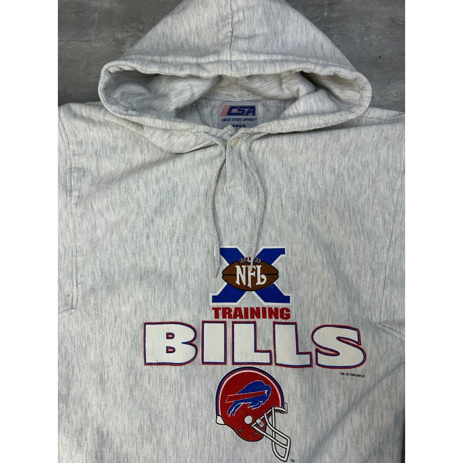 Vintage 1994 Buffalo Bills NFL Training Spellout Hooded Sweatshirt Size Large