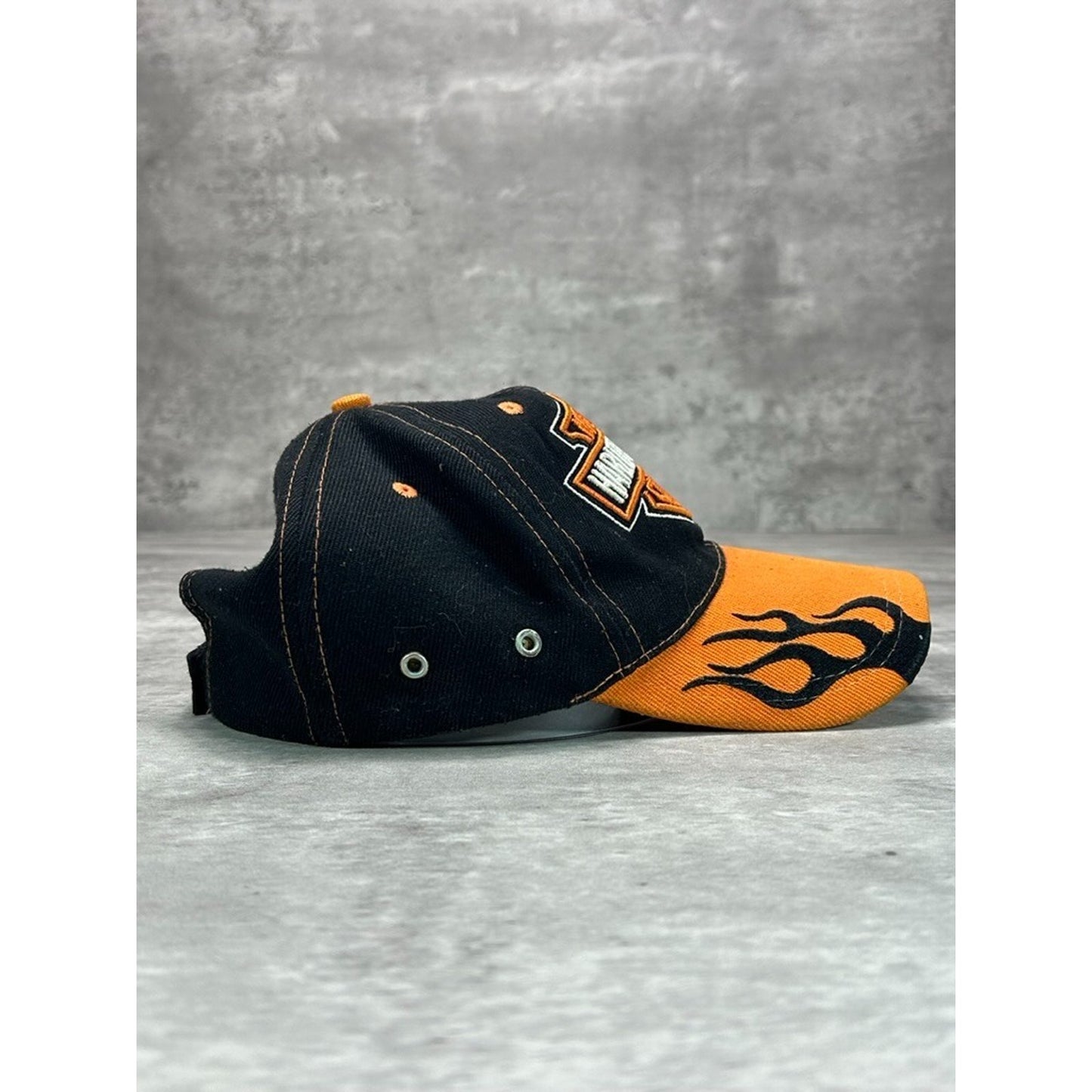 Vintage Harley Davidson Embroidered Logo Flame Brim Strapback Hat OSFA Black