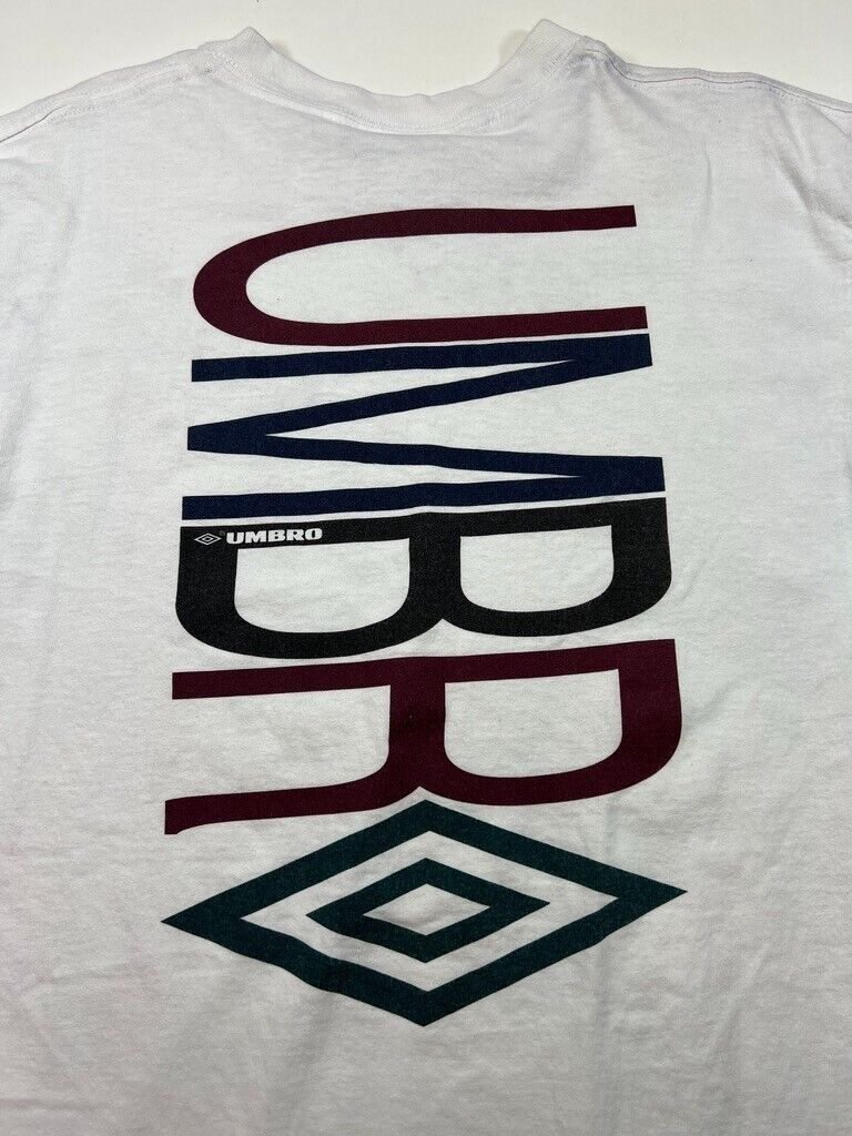 Vintage 90s Umbro Soccer Spellout Logo Graphic T-Shirt Size Large White