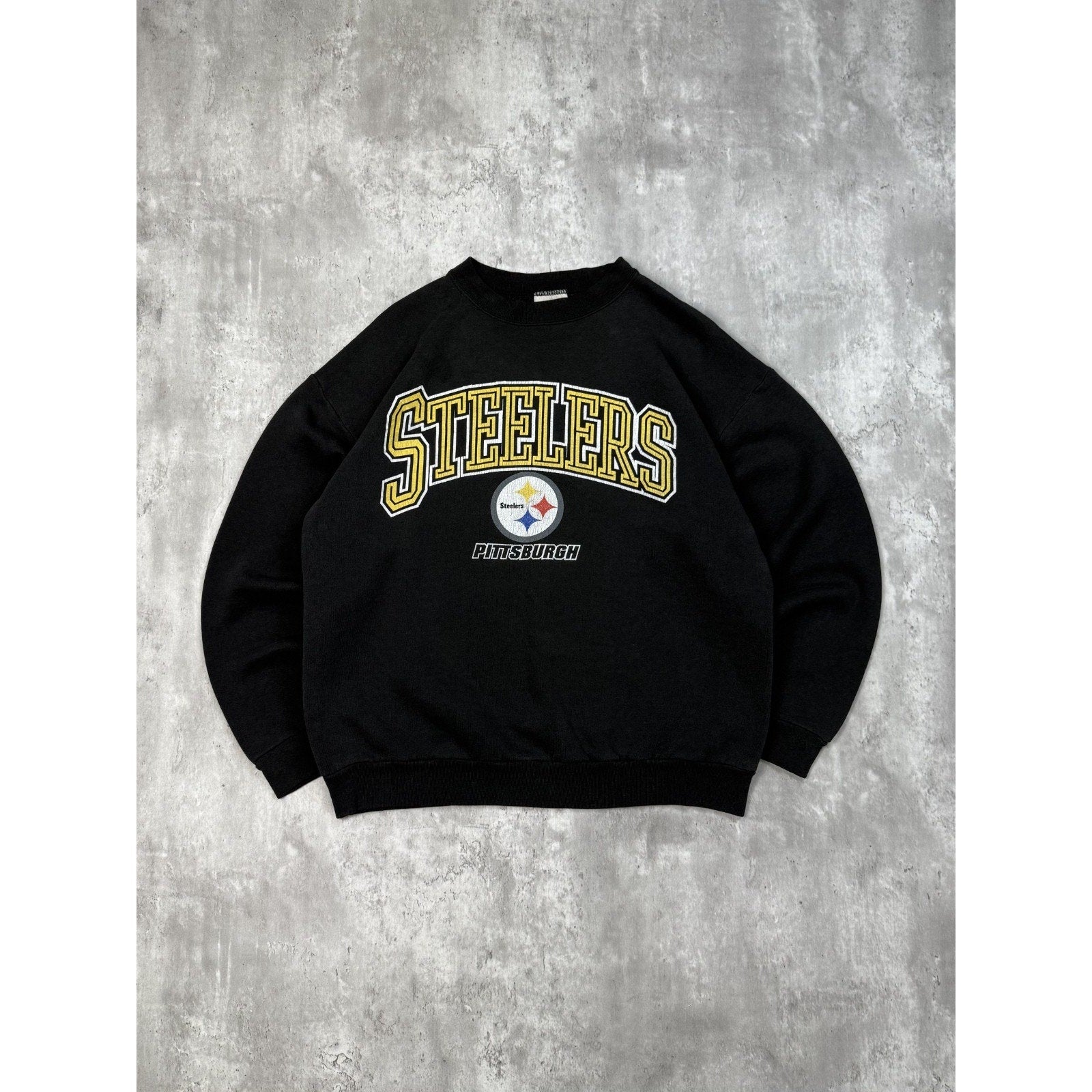 Vintage 90s Pittsburgh Steelers NFL Spellout Graphic Black Sweatshirt Size Large