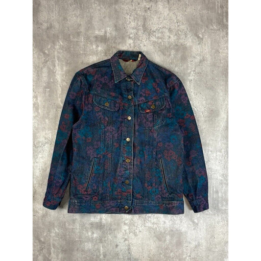 Vintage 80s Womens Lee Floral Print Dark Wash Denim Trucker Jacket Size L Blue