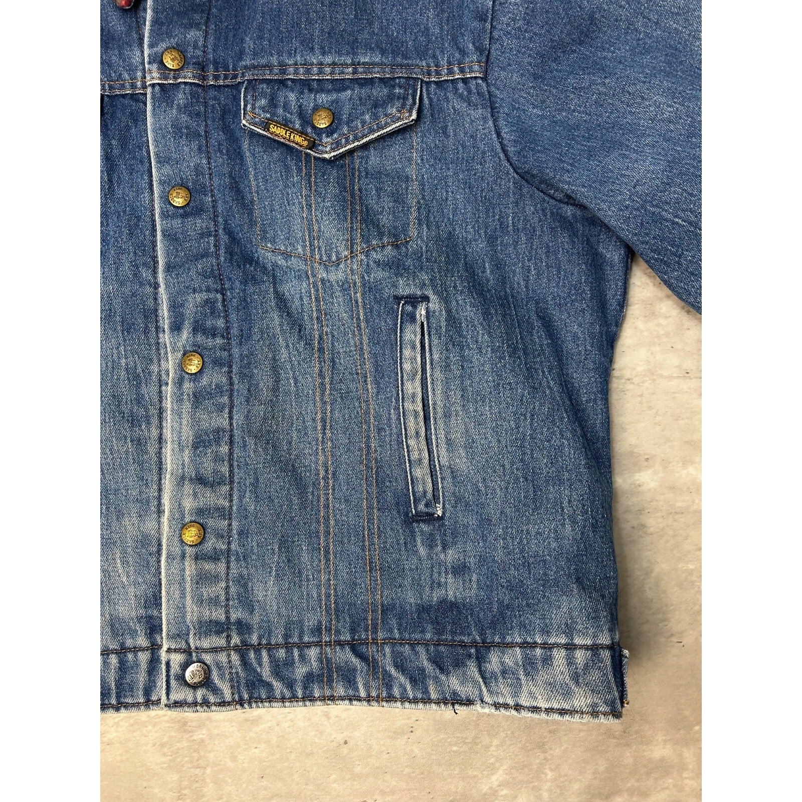 Vintage 80s Saddle King Blanket Lined Western Denim Trucker Jacket Size Large