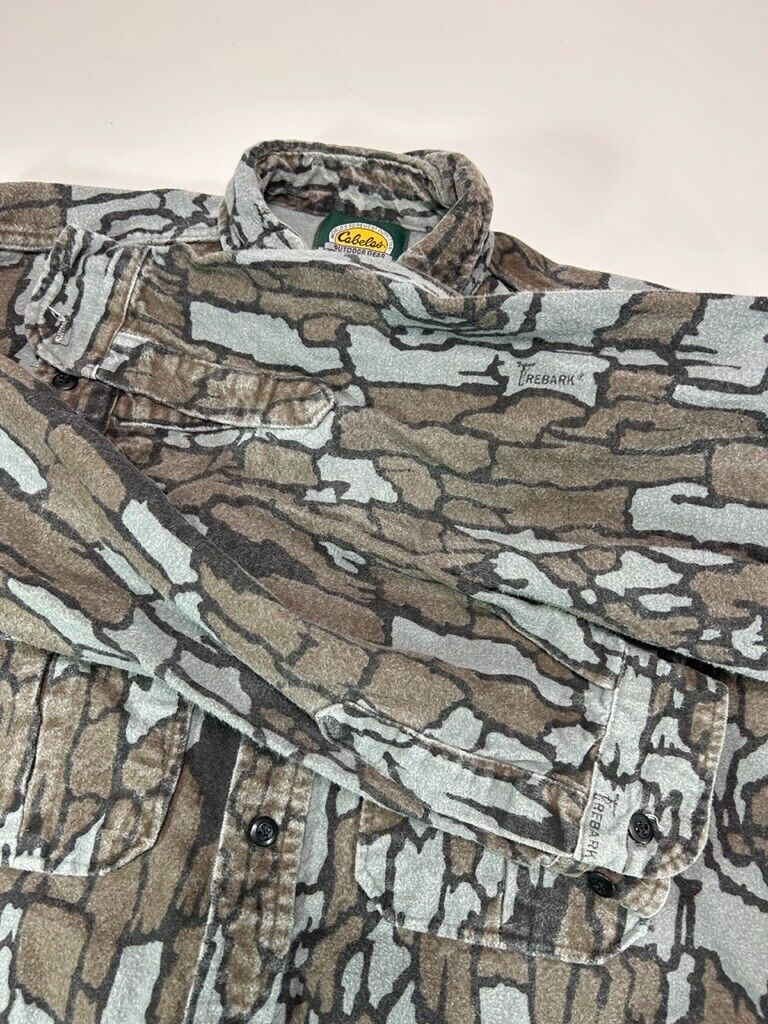 Vintage 90s Cabelas Trebark Camo Long Sleeve Hunting Button Up Shirt Size Large