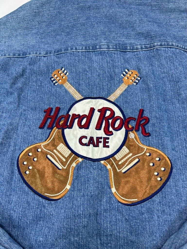 Vintage 90 Hard Rock Cafe Nashville Embroidered Denim Button Up Shirt Size Large