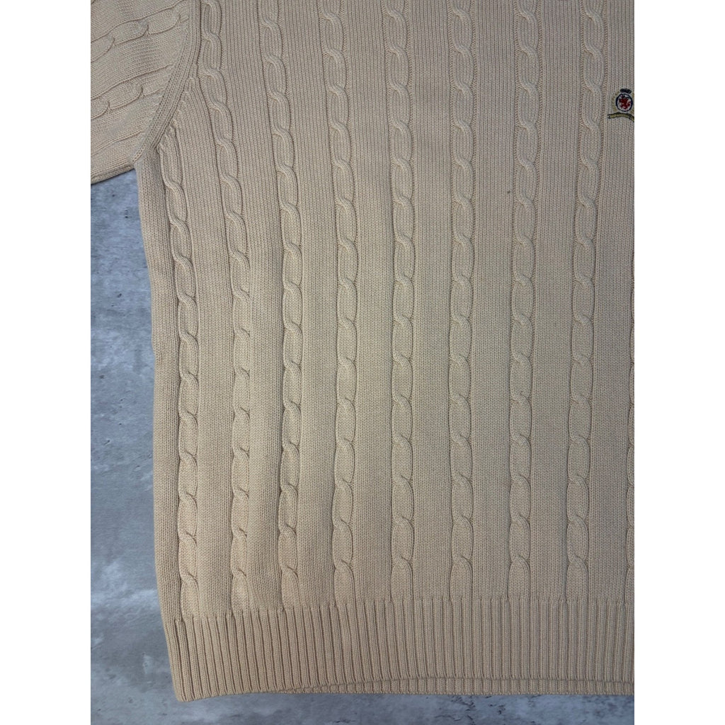 Vintage Tommy Hilfiger Embroidered Crest Pullover Beige Knit Sweater Size Large