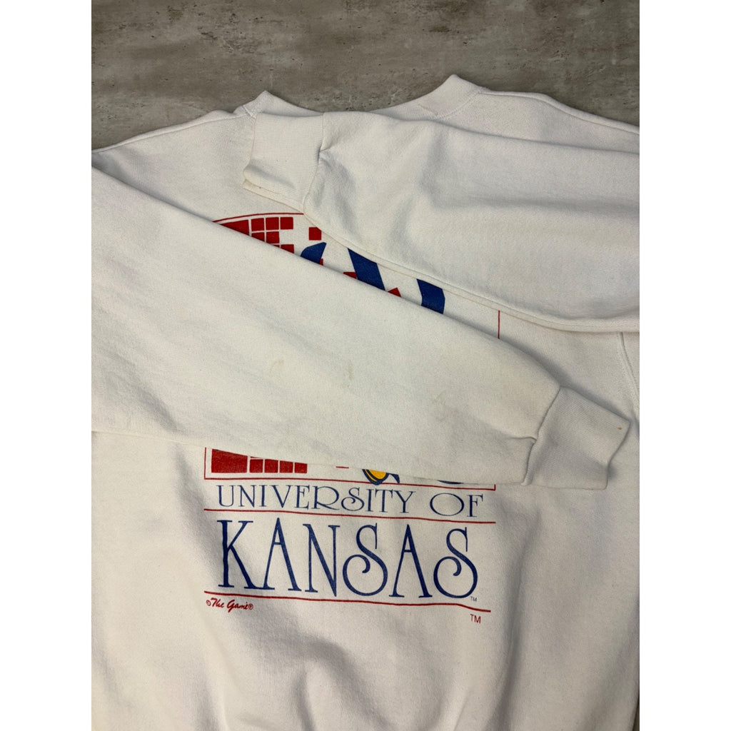 90s University Of Kansas NCAA Mascot Graphic Spellout Sweatshirt Size Large