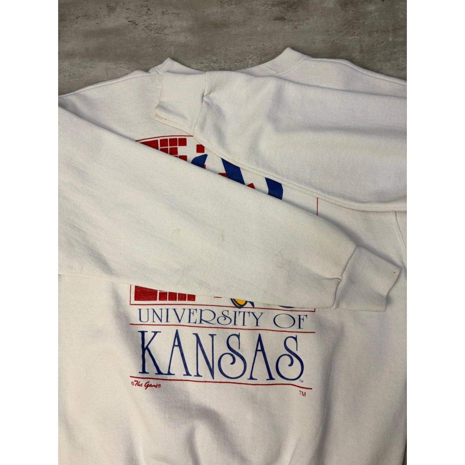 90s University Of Kansas NCAA Mascot Graphic Spellout Sweatshirt Size Large
