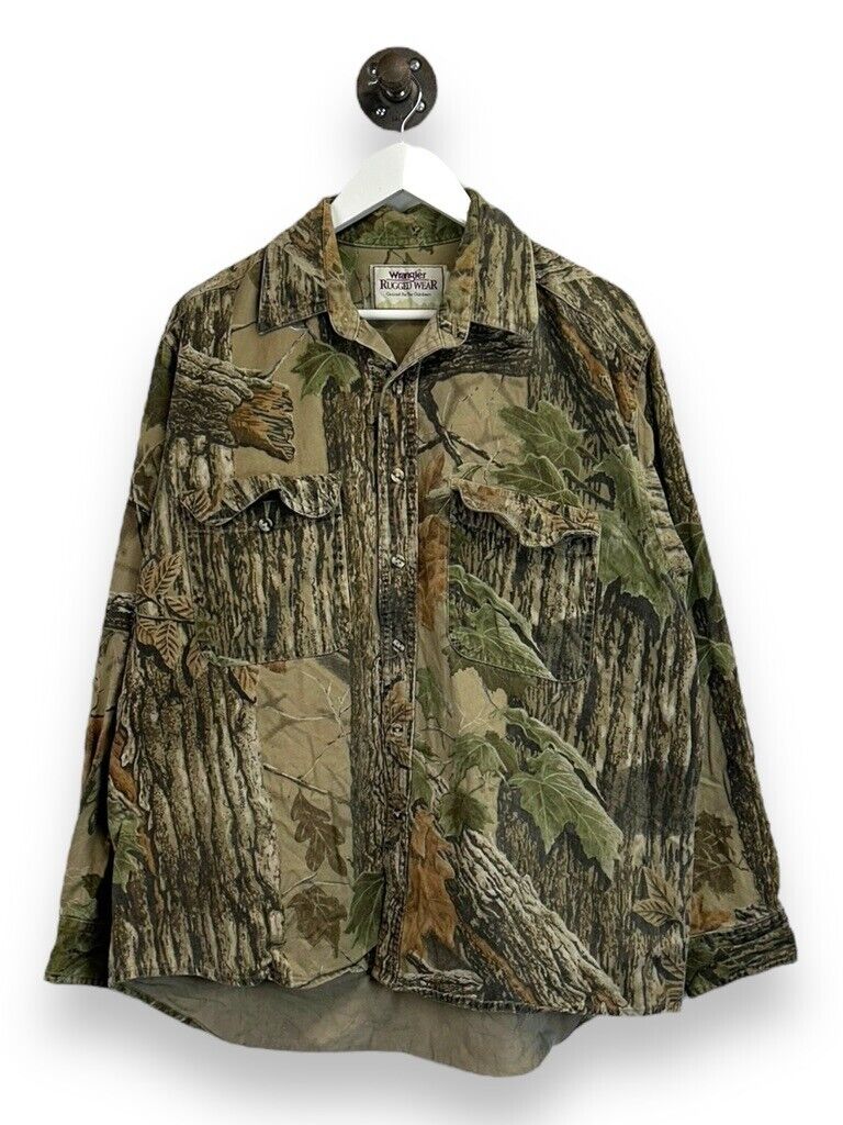 Wrangler Rugged Wear Real Tree Double Pocket Camo Hunting Button Up Shirt Sz XL