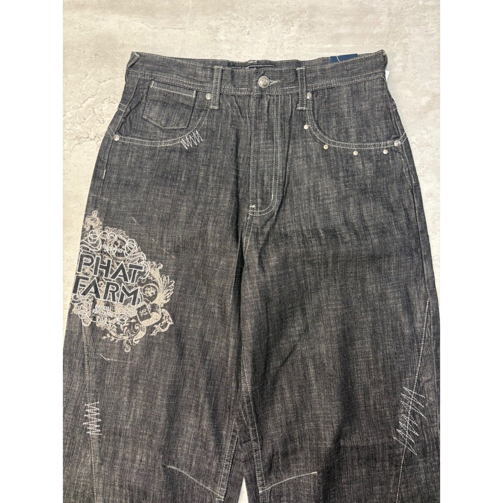 Vintage Y2K Womens Phat Farm Embroidered Graphic Black Wash Denim Pants Sz 29x31