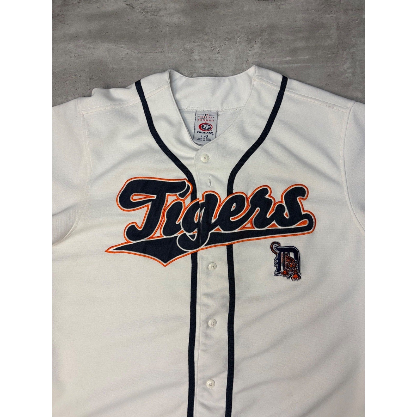 Vintage Detroit Tigers MLB Script Spellout Baseball Jersey Size Large