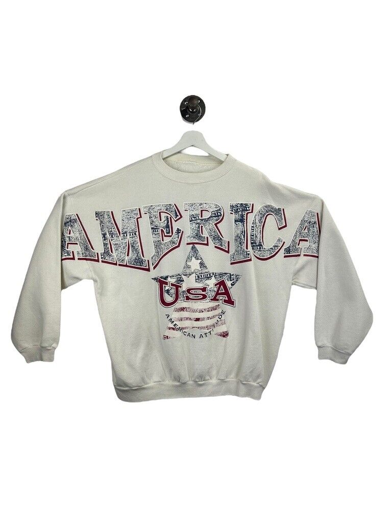 Vintage 90s America Big Spell Out Graphic Crewneck Sweatshirt Size XL White