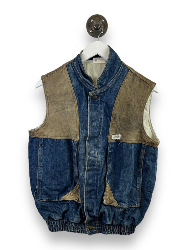 Vintage 90s Guess Denim Dark Wash Leather Vest Size Medium
