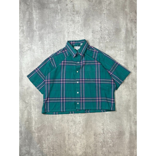 Vintage 80s Weekender Plaid Reworked Cropped Short Sleeve Button Up Shirt Size L