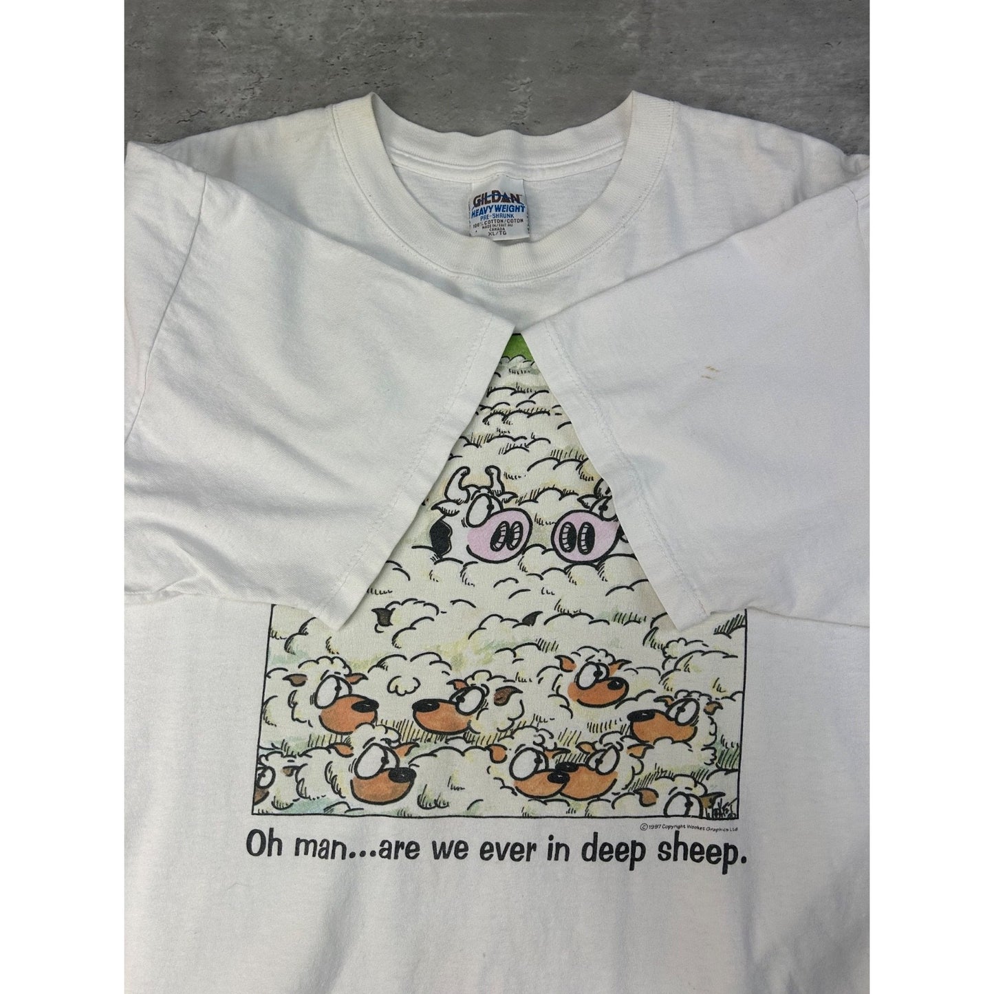 Vintage 1997 Cartoon Cow We Are In Deep Sheep Comedy T-Shirt Size XL