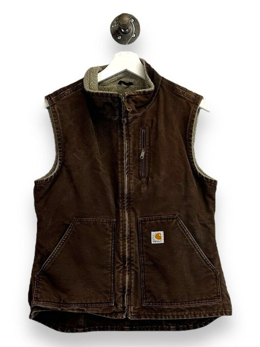 Vintage Carhartt Fleece Lined Canvas Work Wear Full Zip Vest Size Small Brown